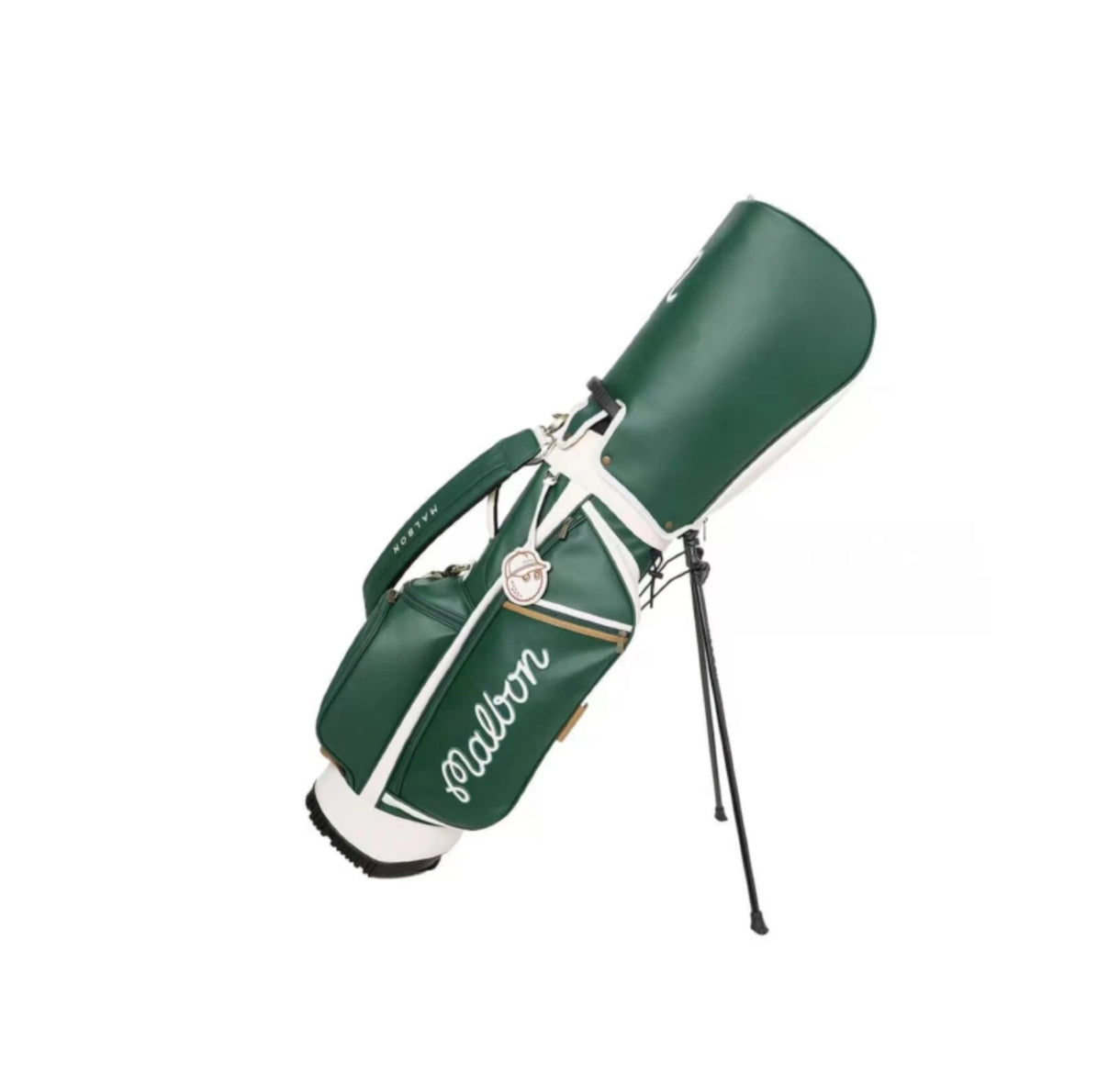 Angled view of the Malbon Golf Stand Bag in Hunter Green with dual legs deployed, showcasing the waterproof PU material, white piping details, and the Malbon "M" logo on the hood.