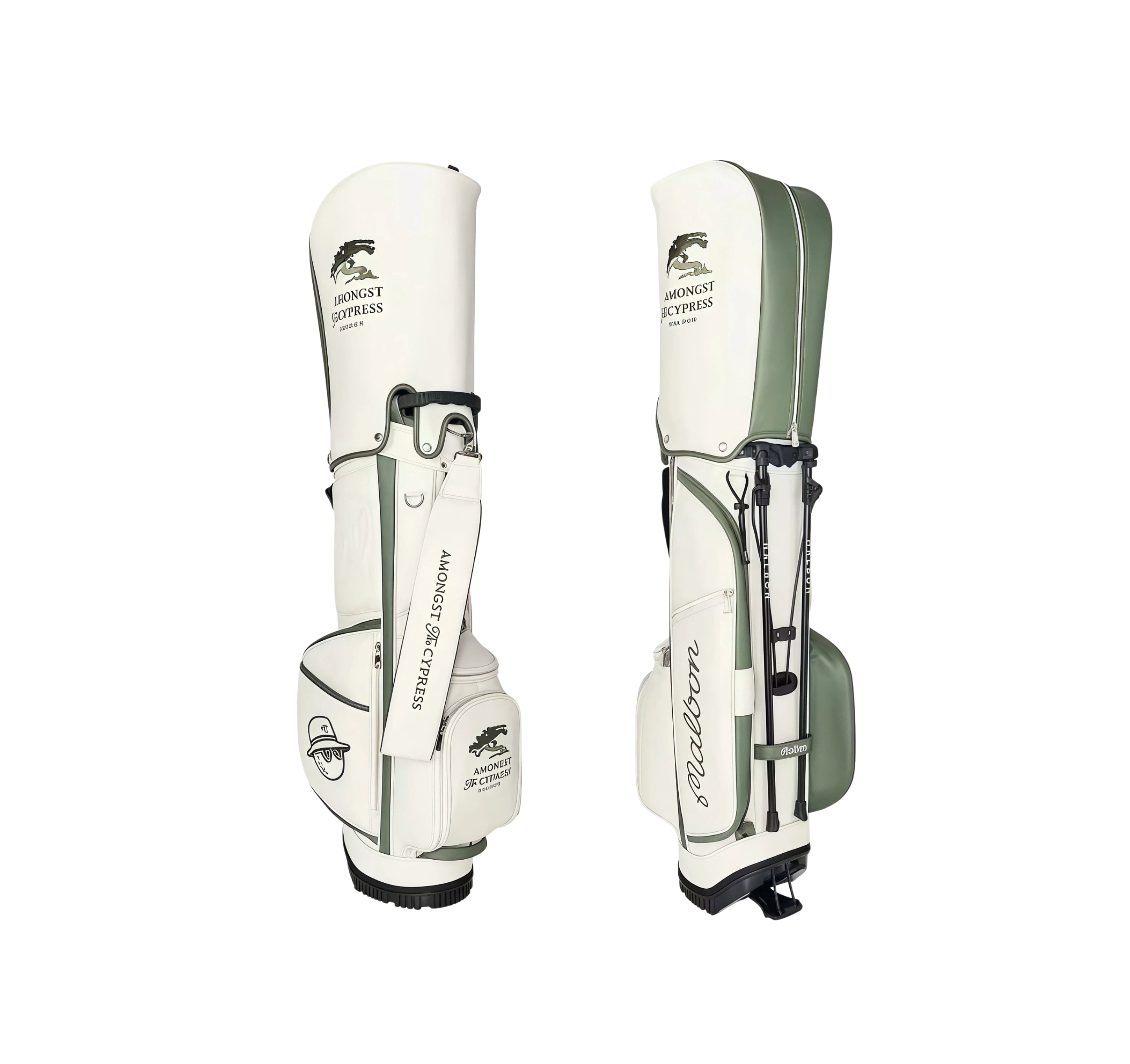 Dual view of Malbon Golf Stand Bag showing both carry mode (with shoulder strap) and stand mode (legs deployed). Features premium PU leather, waterproof finish, and club organizer compartments.
