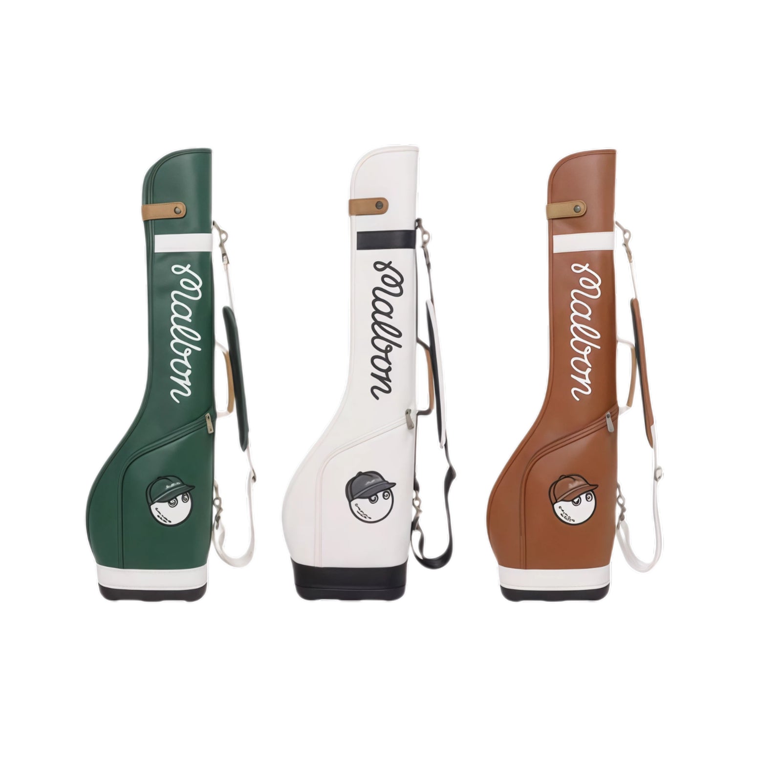 Three-color display of Malbon Golf Sunday bags in green, white, and brown. Each features elegant script logo, mascot patch, and compact design for easy carry.