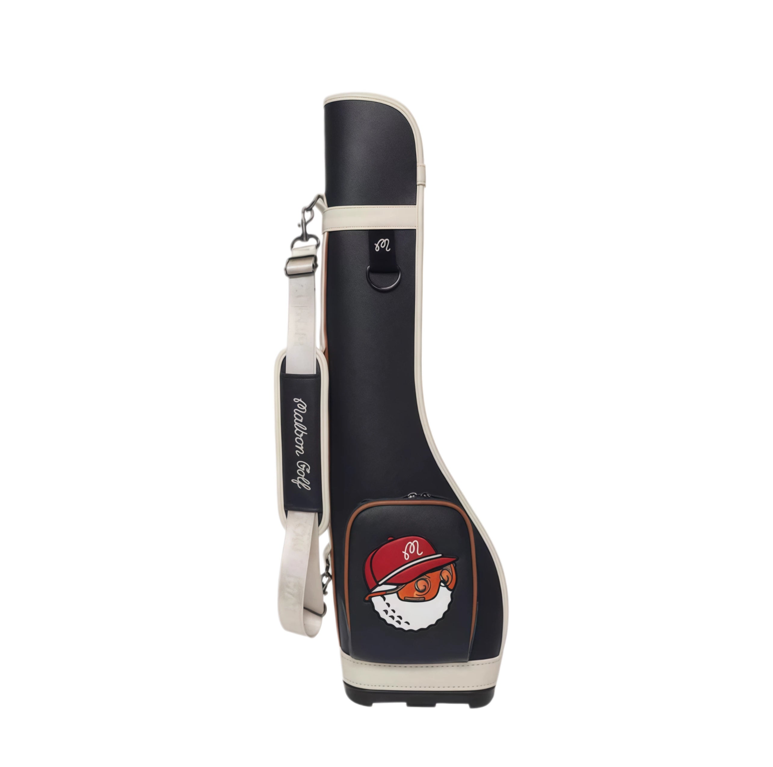 Full side view of Malbon Golf Sunday stand bag in black PU leather with contrasting cream trim, red cap cartoon golf ball emblem, and durable shoulder strap for portable use.