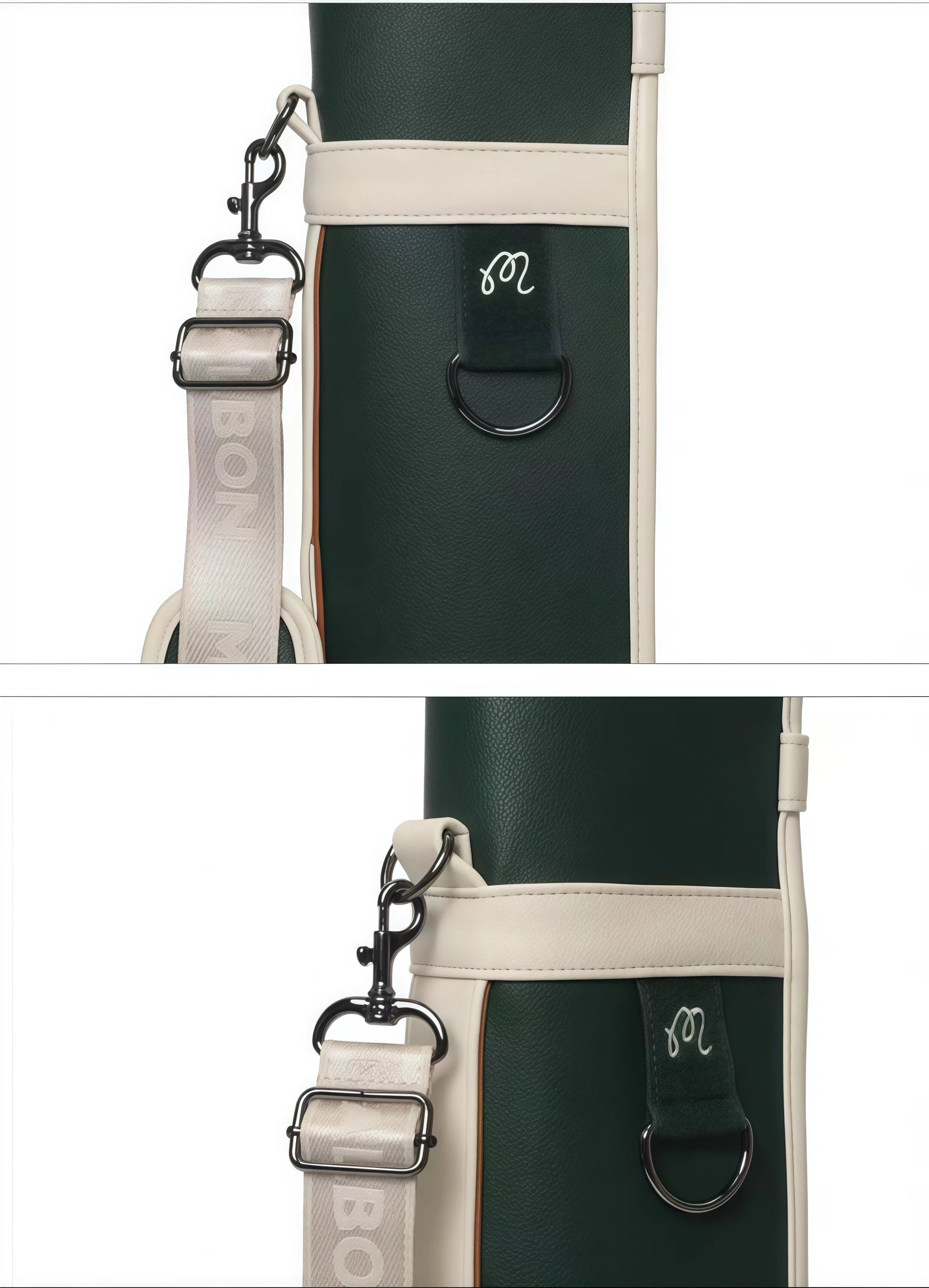 Close-up of Malbon Golf Sunday stand bag showing premium adjustable shoulder strap with "BON" branding, metal D-ring, and secure hook-and-loop attachment for comfort and durability.
