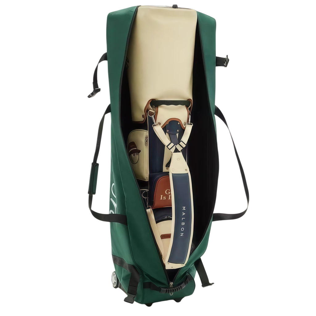 Inside view of Malbon Golf travel bag showing padded interior, golf club protection lining, adjustable straps, and brand accessories like "Golf Is Life" pouches