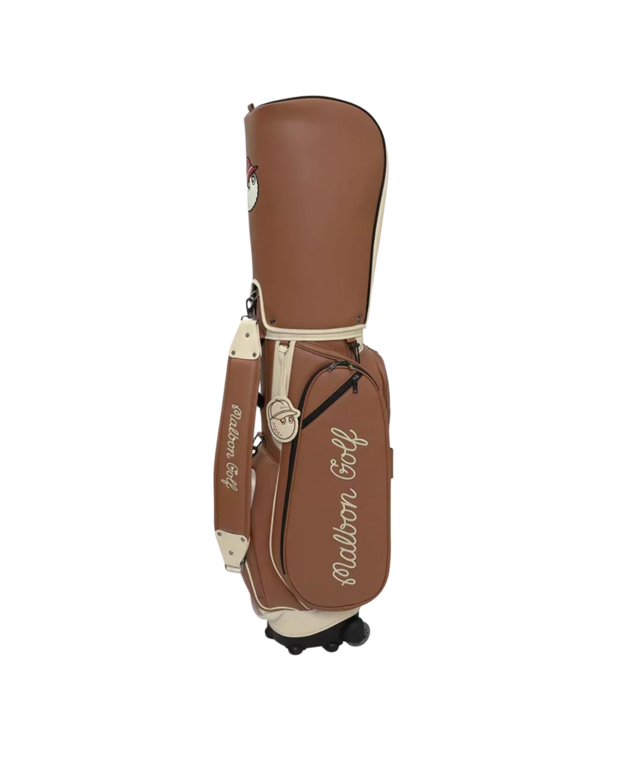 Front view of Malbon Golf wheeled caddie bag in brown PU leather, featuring elegant script logo, cream-colored trim, and durable wheel base for easy transport.