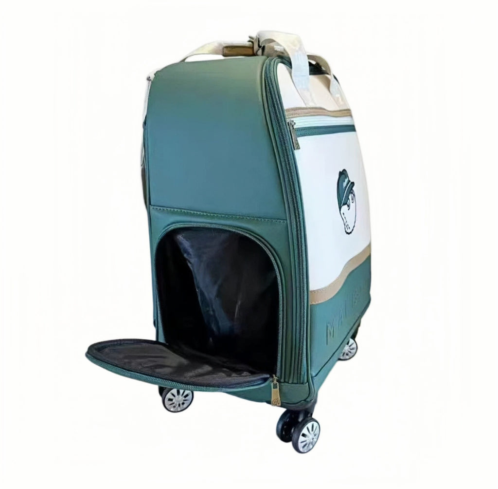 Open back compartment of green Malbon Golf carry-on luggage revealing spacious interior lining, ideal for golf gear or travel essentials