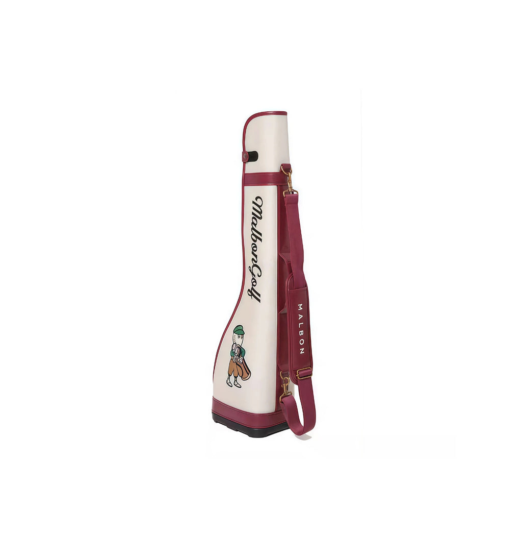 Malbon Lightweight Golf Sunday Bag side view in cream and red with “MALBON” embossed strap, magnetic closure, and reinforced stitching - lightweight design for easy carrying on the course or to the range