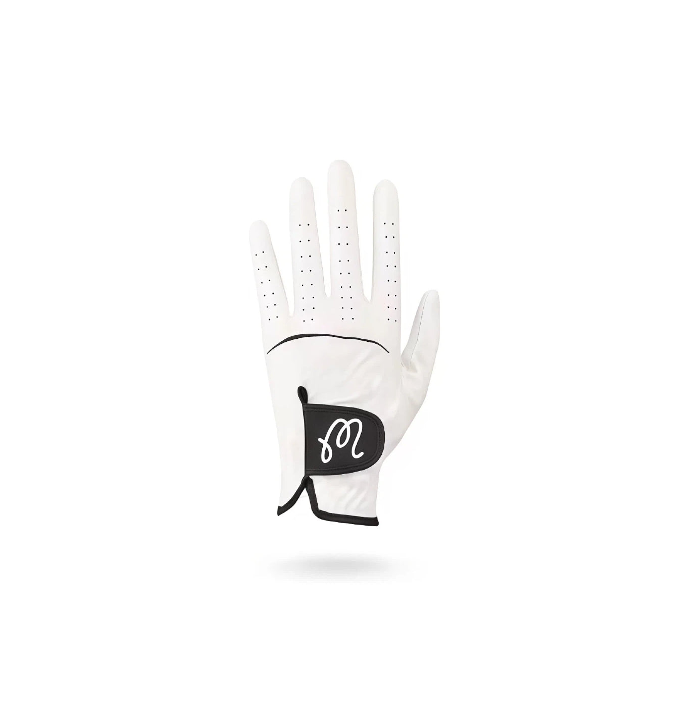 Malbon men's thin anti-slip golf glove in white, left hand view featuring perforated design for breathability and a secure fit, with branded logo on the adjustable wrist strap.