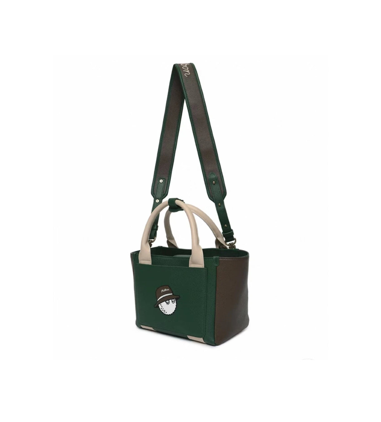 Side view of the Malbon clubhouse mini tote bag in green and brown color-block design. Features a structured silhouette, beige top handles, and an adjustable crossbody strap with "Malbon" script.
