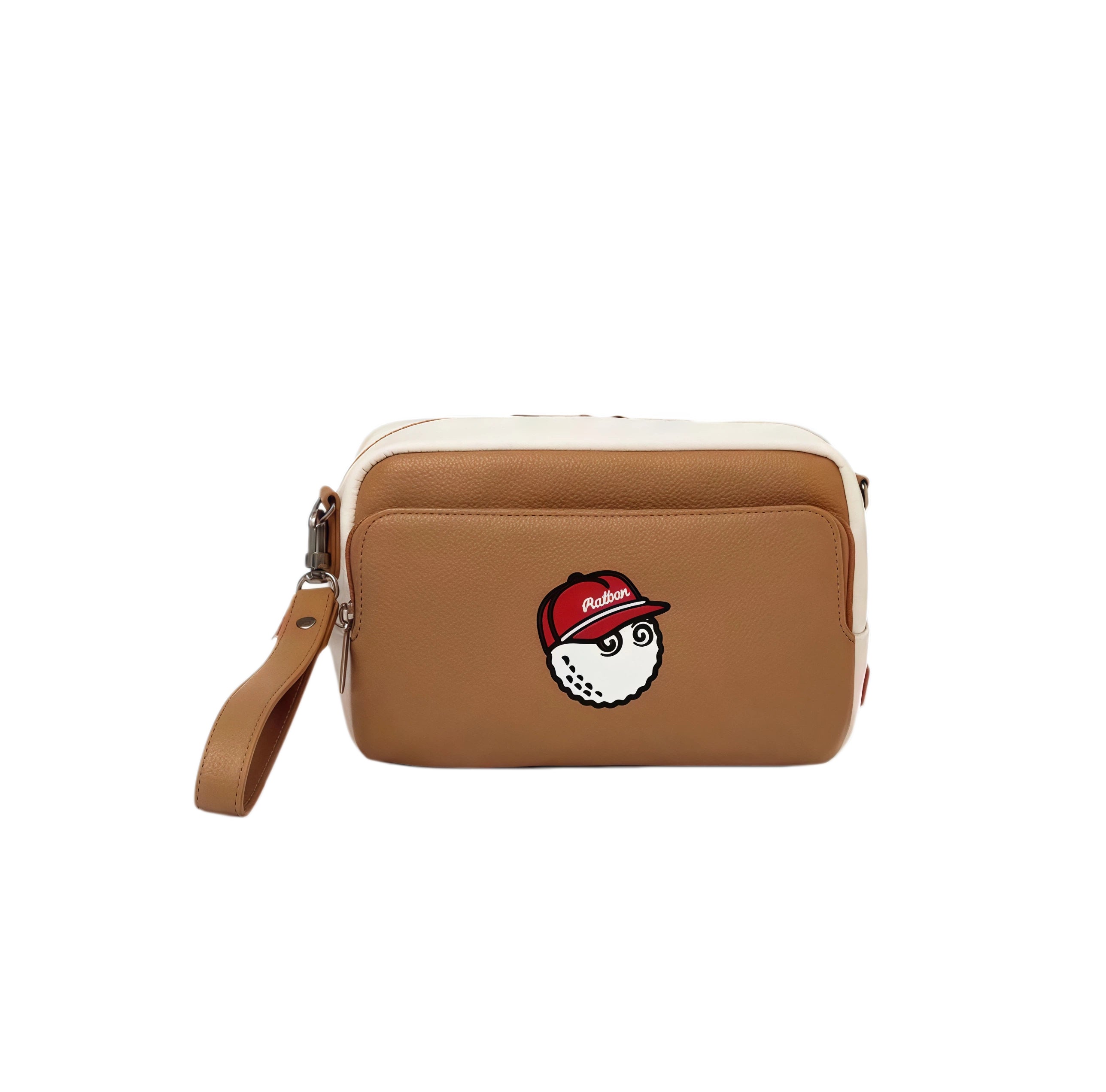 Front view of the tan Malbon crossbody bag showcasing the fun golf ball character wearing a red "Malbon" cap. Perfect for golf lovers and fashion-forward users.