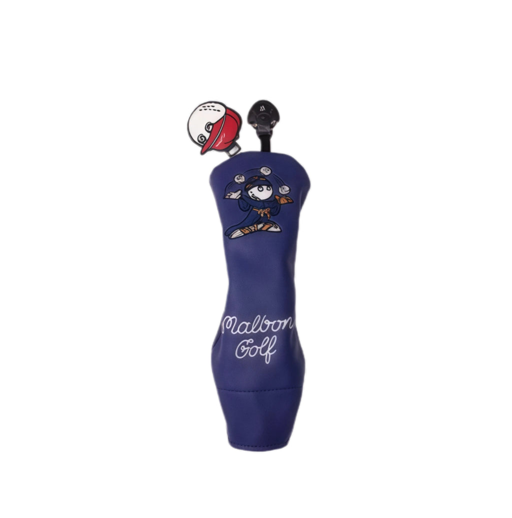 Side view of Malbon Purple Wizard Hybrid Headcover with 3D embroidered wizard logo, purple PU leather, white script branding, and red cap ball marker attachment.