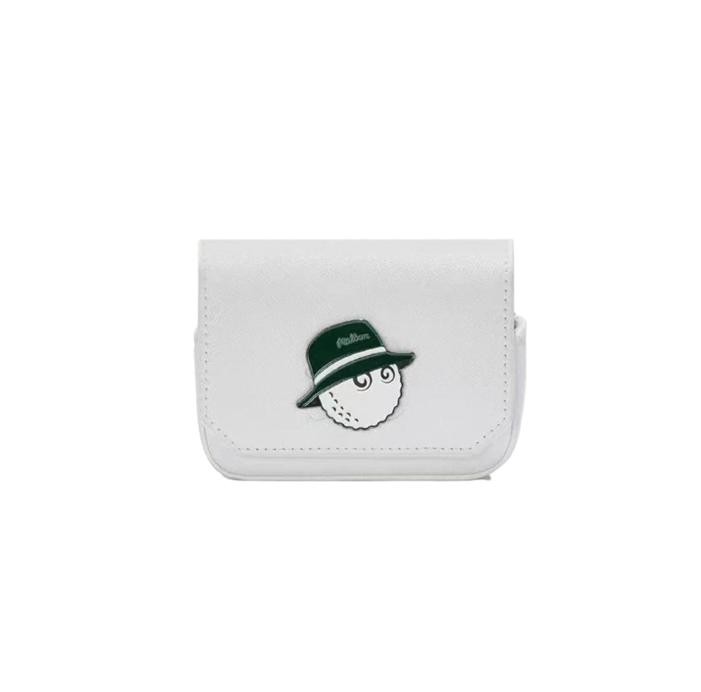 Front view of the white Malbon rangefinder pouch featuring a golf ball character wearing a green hat with "Malbon" script. Clean, modern look with premium finish and compact storage.