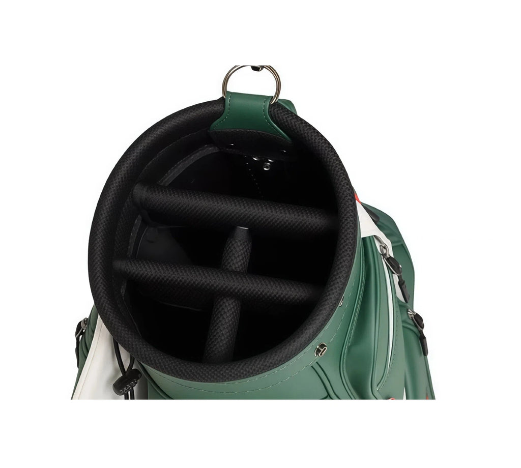 Interior view of green Malbon rolling golf caddy bag, showing carbon fiber-like divider for organized club storage, waterproof lining, and sturdy construction, ensuring protection and easy access to golf clubs.
