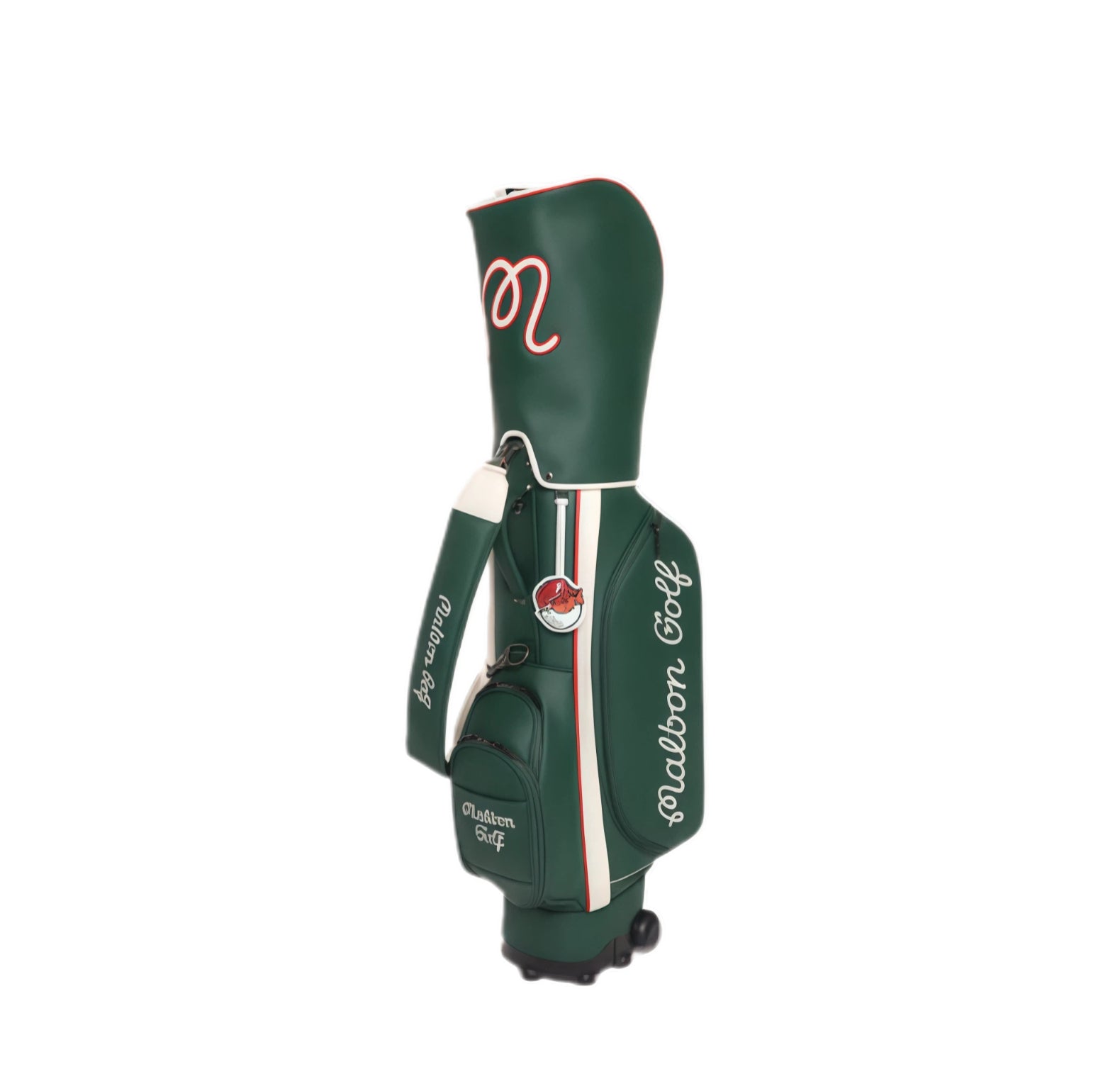 Malbon rolling golf caddy bag in green and white color combination, featuring waterproof PU leather, lightweight structure, and a red "M" logo, with wheels for effortless transport, ideal for unisex use.