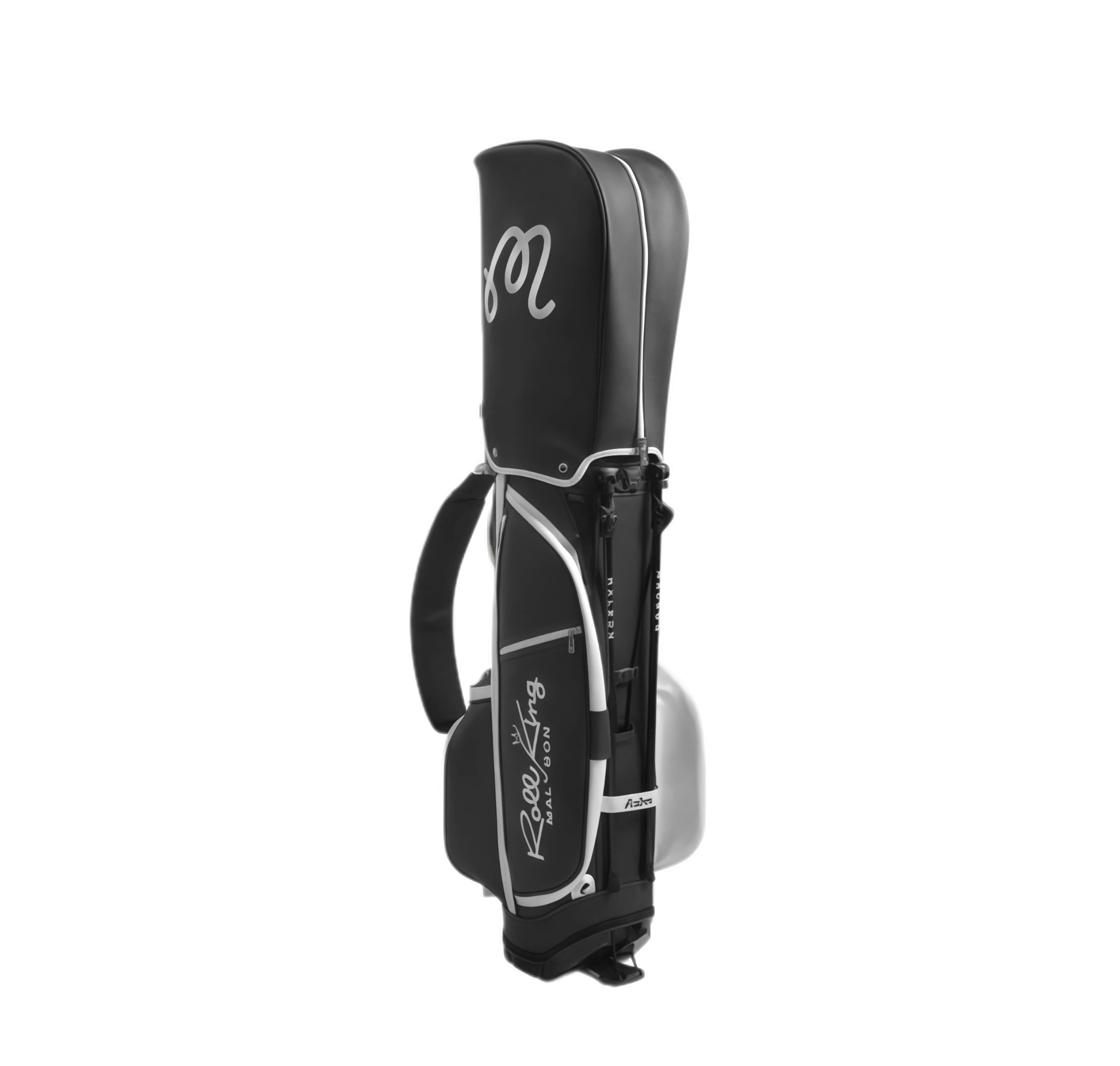 Side view of Malbon Roo King golf caddie bag in sleek black with silver accents, featuring branded logo, ergonomic handle, and durable construction.
