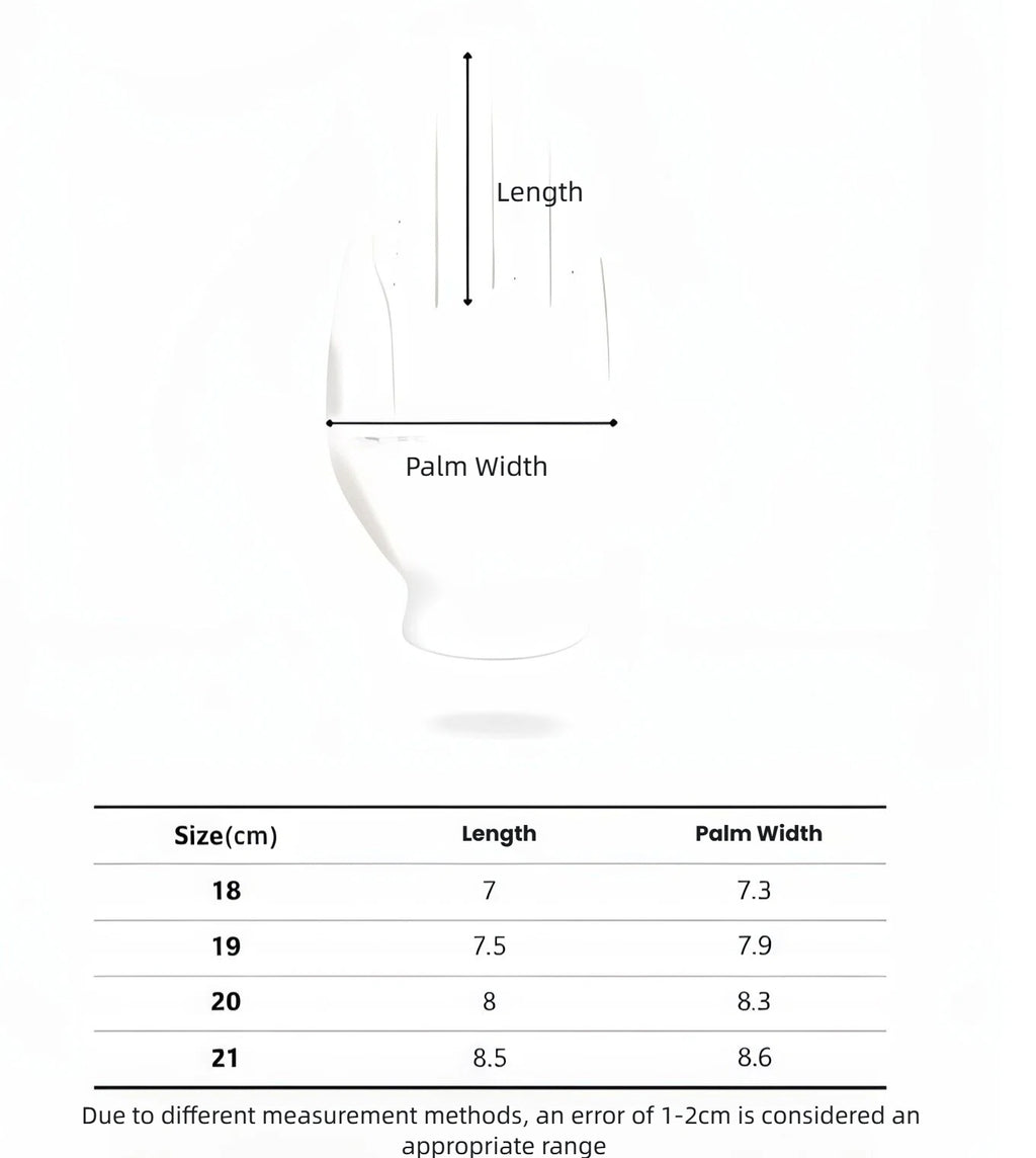 Malbon women's golf glove sizing guide showing measurement instructions for length and palm width, with size chart ranging from 18cm to 21cm for accurate fit selection.