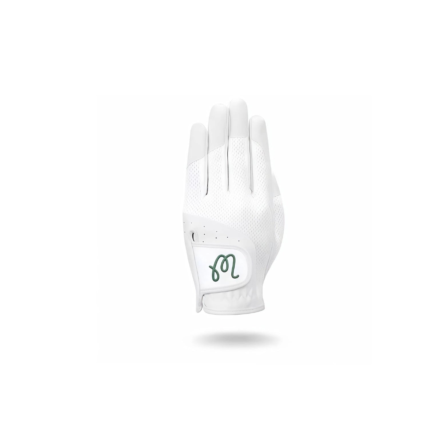White Malbon women's golf glove with green logo, showcasing durable PU construction, anti-slip properties, and UV protection for reliable grip and sun safety during play.