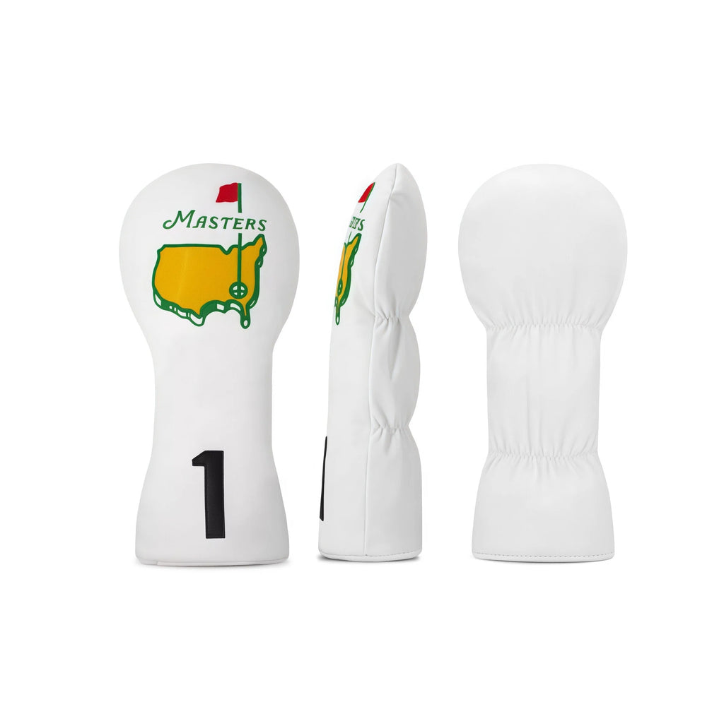 Close-up of Masters Driver Headcover in white with green embroidered golf course map and "Masters" text, showing front, side, and back views, universal fit for golf clubs.