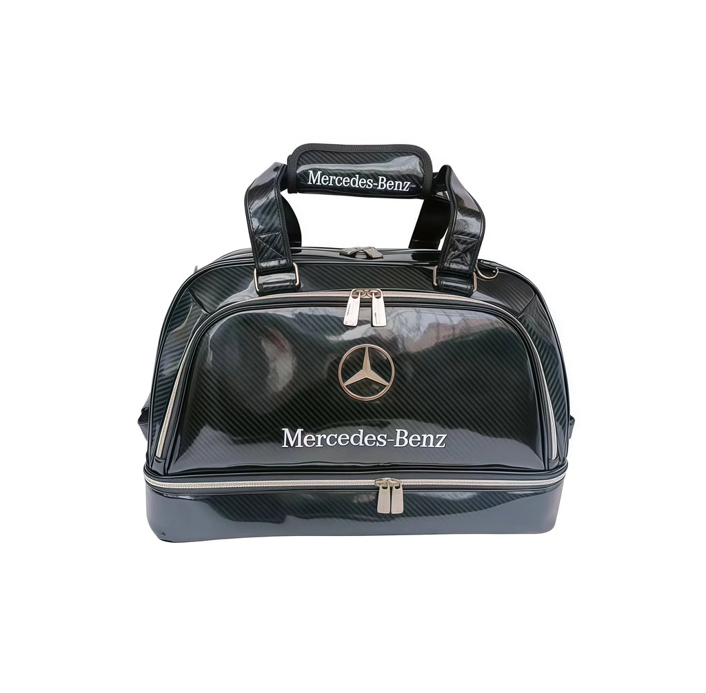 Black Mercedes-Benz glossy duffel bag with carbon fiber texture, dual zippers, and 3D logo. Ideal for luxury travel and golf.