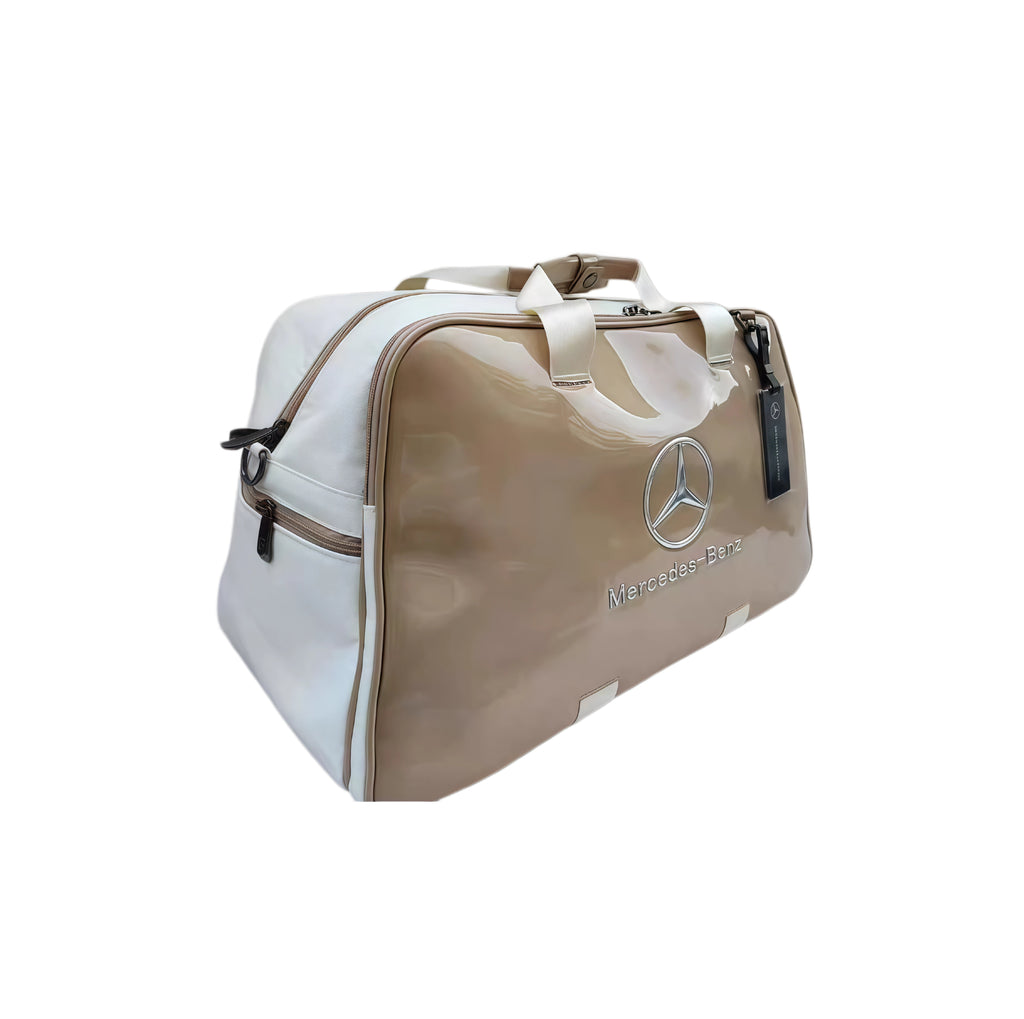 Beige Mercedes-Benz glossy duffel bag shown from a side angle, highlighting its sleek silhouette, metallic logo, and premium material finish. Ideal for modern travelers.
