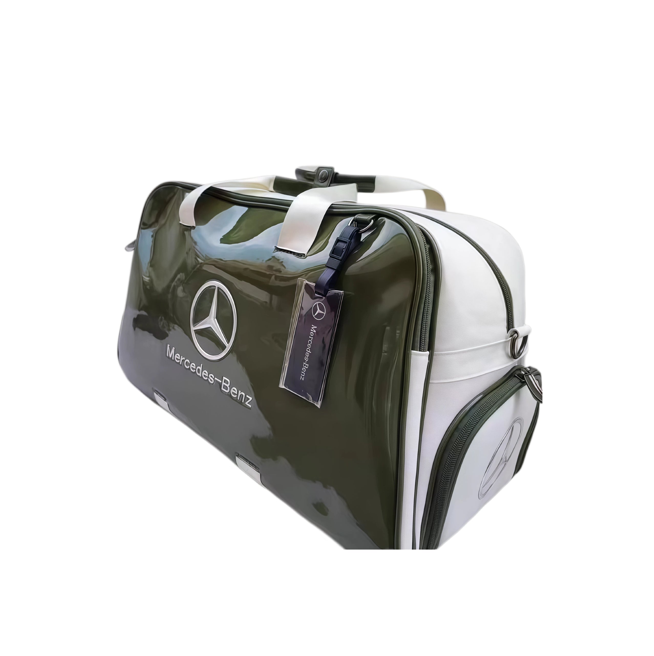 Side view of the olive green Mercedes-Benz glossy duffel bag featuring the iconic three-pointed star logo, white contrast trim, and premium retail tag. A stylish and functional travel bag.
