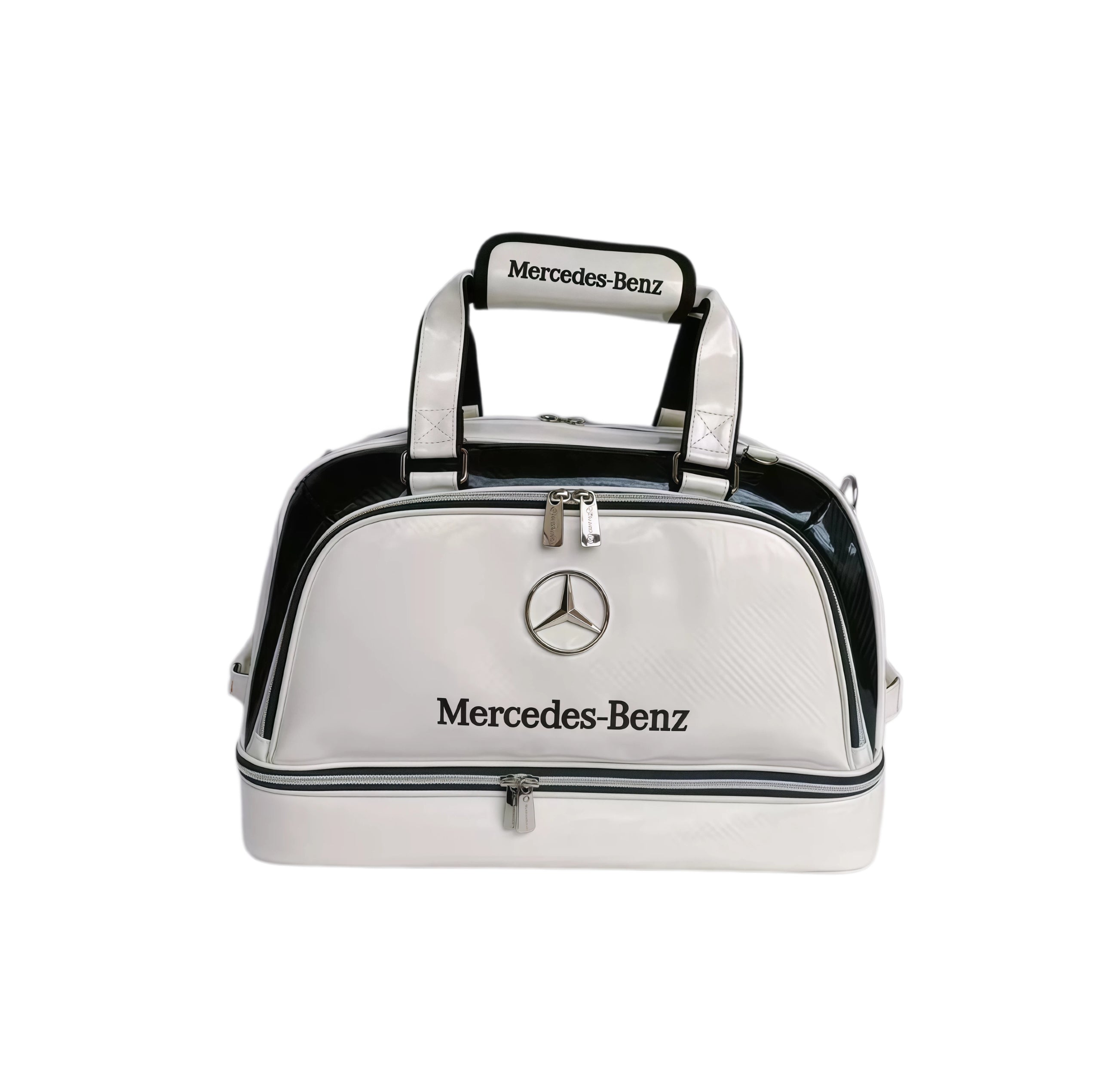 White Mercedes-Benz duffel bag featuring carbon texture, silver logo, and dual-zip compartments. Perfect for men’s luxury travel.

