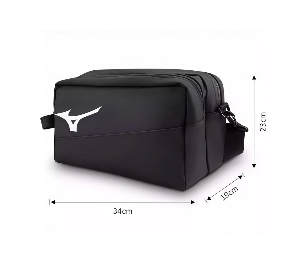 Dimensional diagram of the Mizuno Black Crossbody Bag clearly labeled with measurements: 34cm length, 19cm width, and 23cm height, helping customers visualize size compatibility for under-seat storage, backpacking, or everyday use.