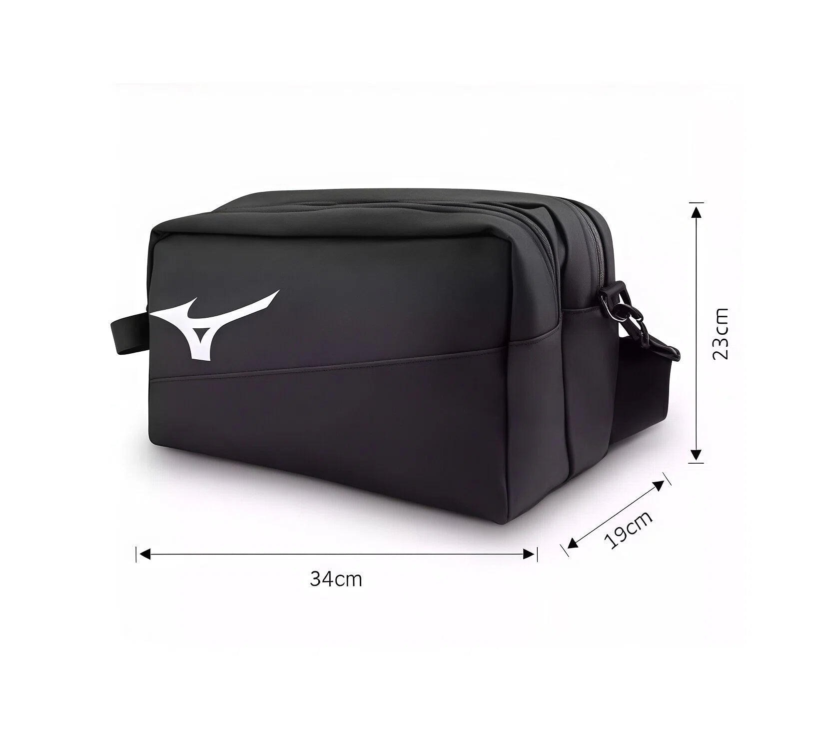 Dimensional diagram of the Mizuno Black Crossbody Bag clearly labeled with measurements: 34cm length, 19cm width, and 23cm height, helping customers visualize size compatibility for under-seat storage, backpacking, or everyday use.