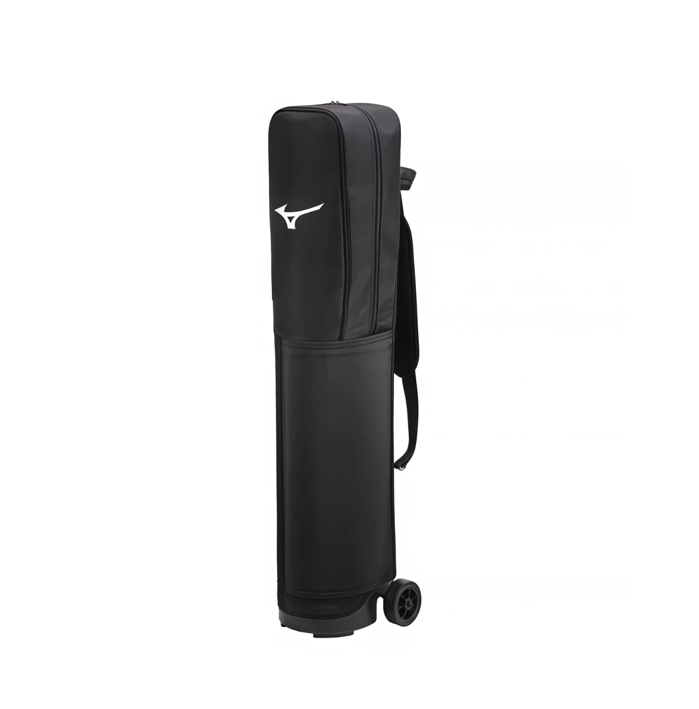 Vertical shot of Mizuno golf travel cover standing upright on rugged all-terrain wheels, highlighting its protective hard-shell base and streamlined silhouette for airport or car trunk storage.