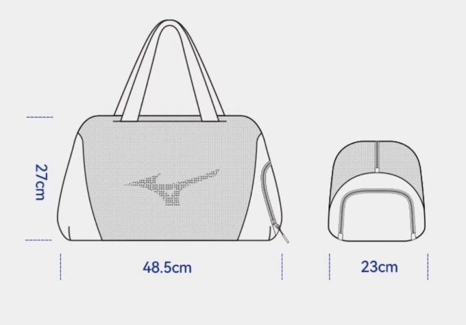 Size diagram of the Mizuno gym duffel bag showing dimensions: 48.5cm (length), 27cm (height), and 23cm (width), ideal for storing workout gear and accessories.
