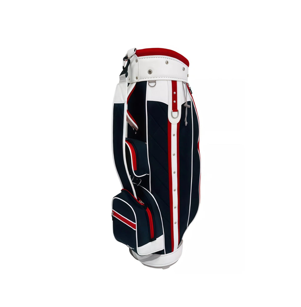 Front-angle shot of the Mizuno Heritage Cart Bag highlighting diamond-quilted side panels, vertical red-and-white stripe detailing, zippered accessory pocket, and premium synthetic leather finish with metallic rivets.
