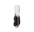 Side view of the Mizuno Heritage Cart Bag in classic navy, red, and white colorway, featuring a full-length protective hood, vintage-inspired piping, quilted panels, and retro-style hardware.