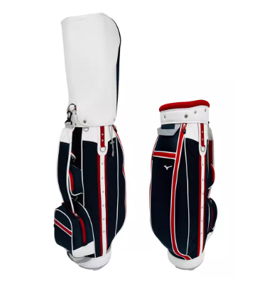 Side-by-side comparison of the Mizuno Heritage Cart Bag showing both versions: one with hood fully attached for weather protection, and one without to display the clean top collar and structured silhouette.