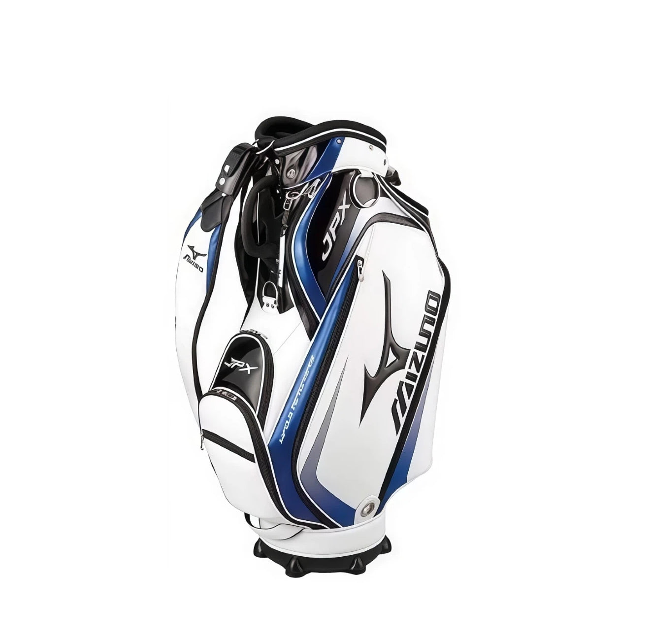 Front-side view of the Mizuno JPX Cart Bag in white, royal blue, and black color scheme, featuring bold "JPX" branding, large Runbird logo, dual zippered pockets, and sturdy base with non-slip feet.
