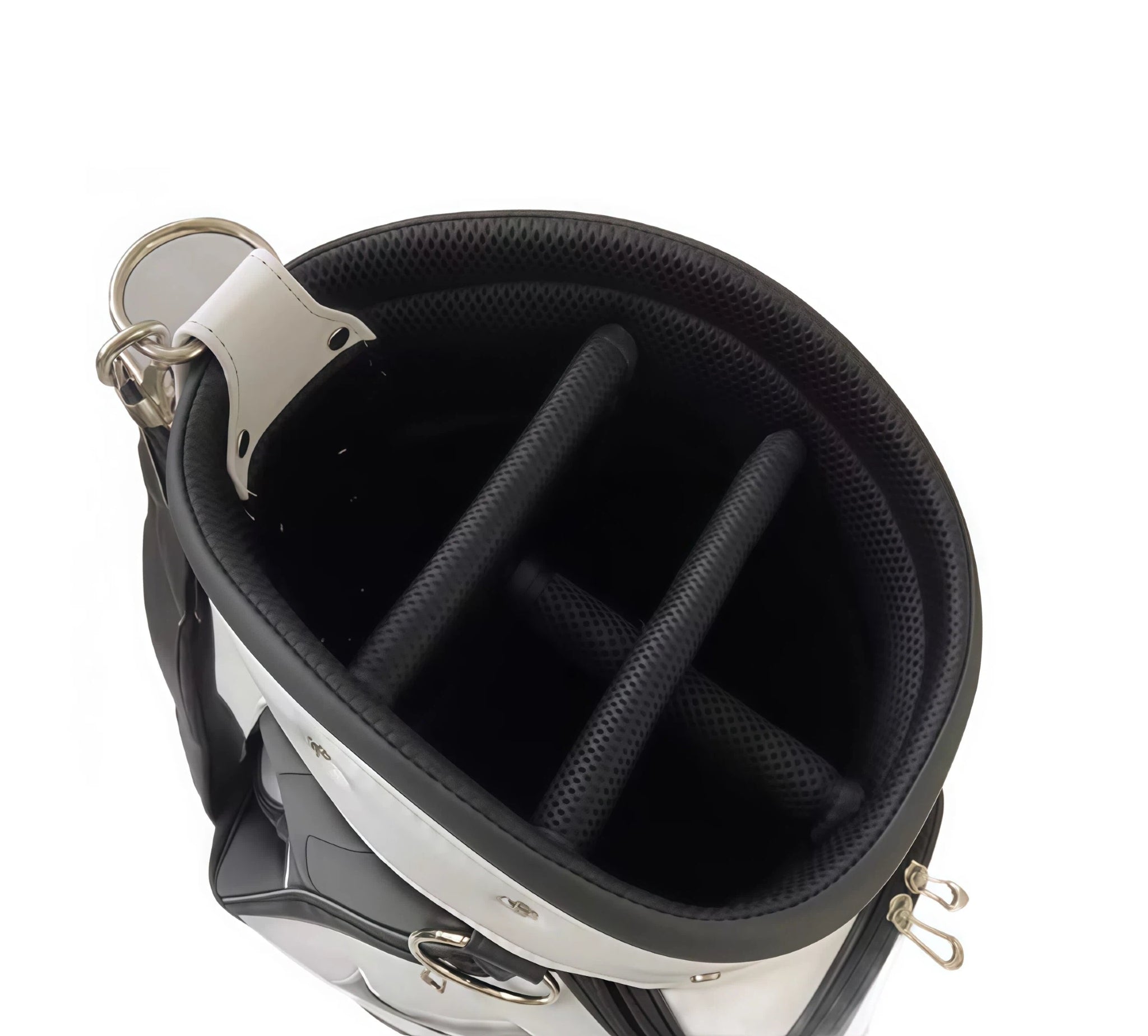 Close-up of a golf bag with black interior and silver hardware on a white background