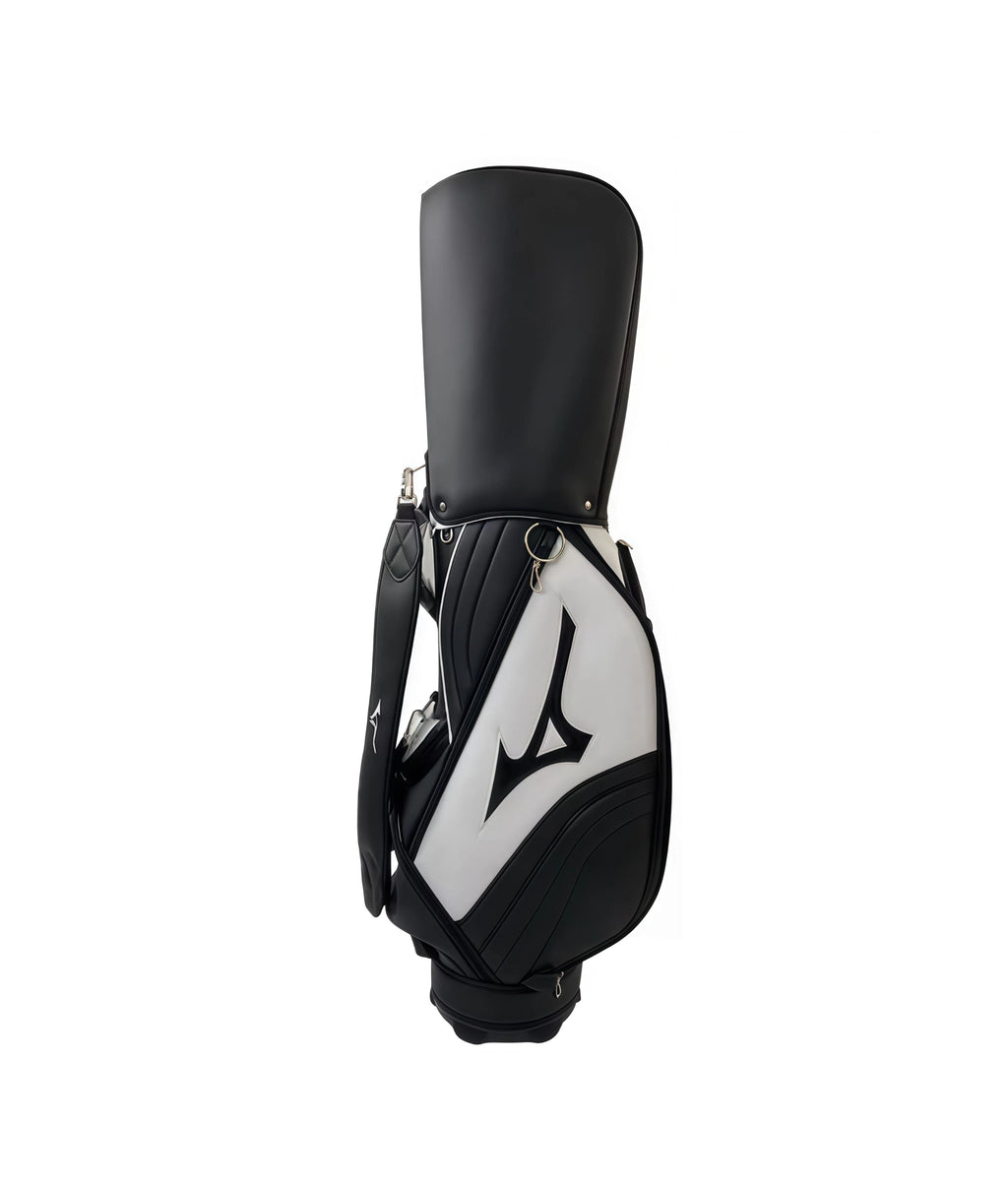 Rear angle of the Mizuno Pro Cart Bag displaying zippered accessory pockets, ergonomic carry handle, and durable shoulder strap with branded padding for comfort during transport.
