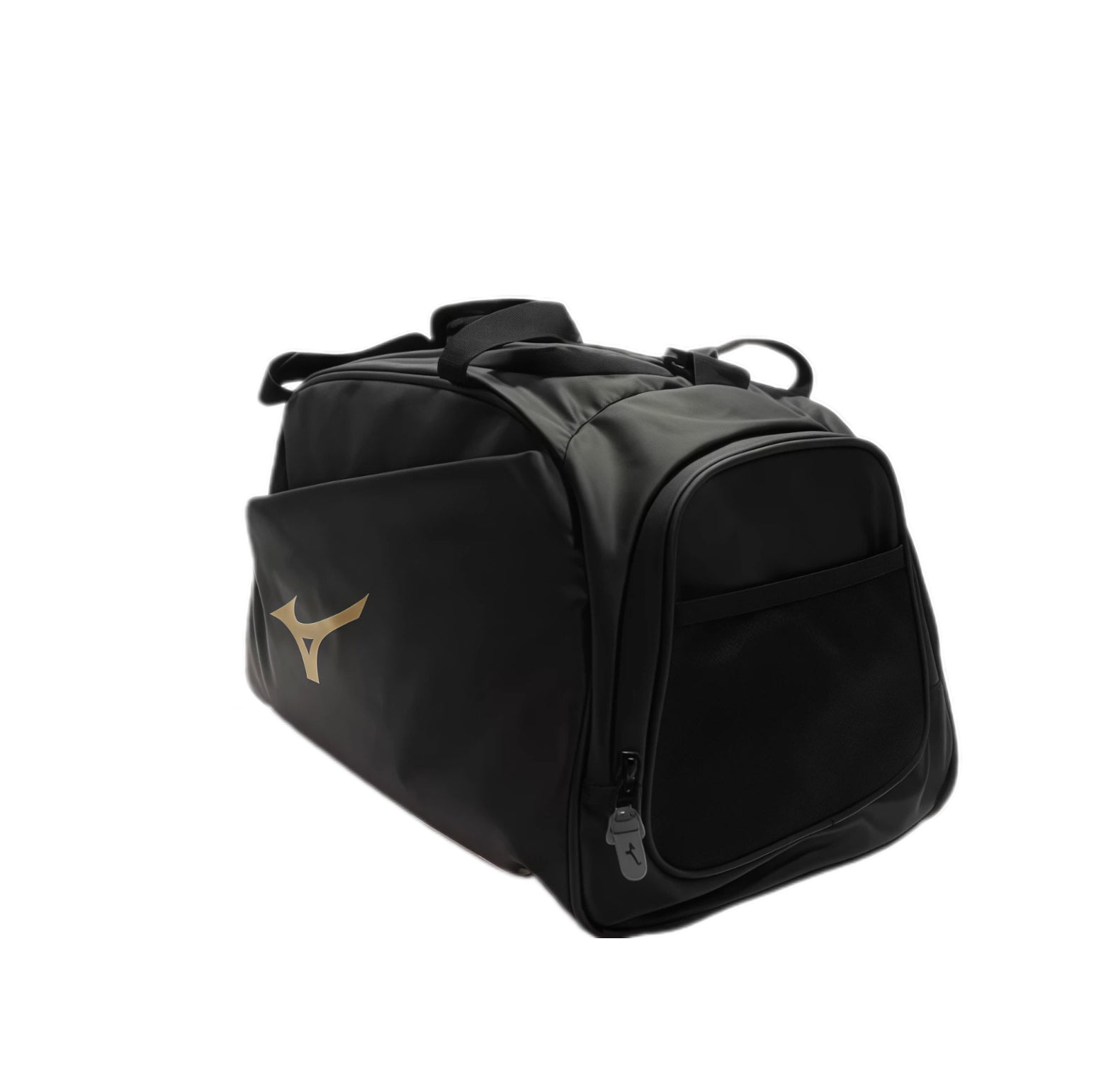 Angled side view of the Mizuno 39L Black Duffel Bag highlighting external mesh pocket for quick-access items, reinforced zipper pulls with branded tabs, padded shoulder strap attachment points, and structured silhouette for maximum capacity.