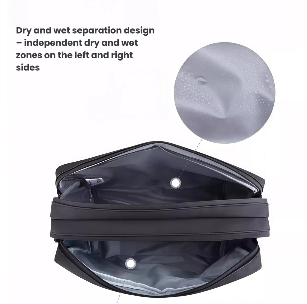 Interior view of the Mizuno Black Crossbody Bag revealing its smart dry-and-wet separation design with two independent zippered zones lined in waterproof gray fabric, perfect for storing toiletries, gym clothes, or wet gear without cross-contamination.