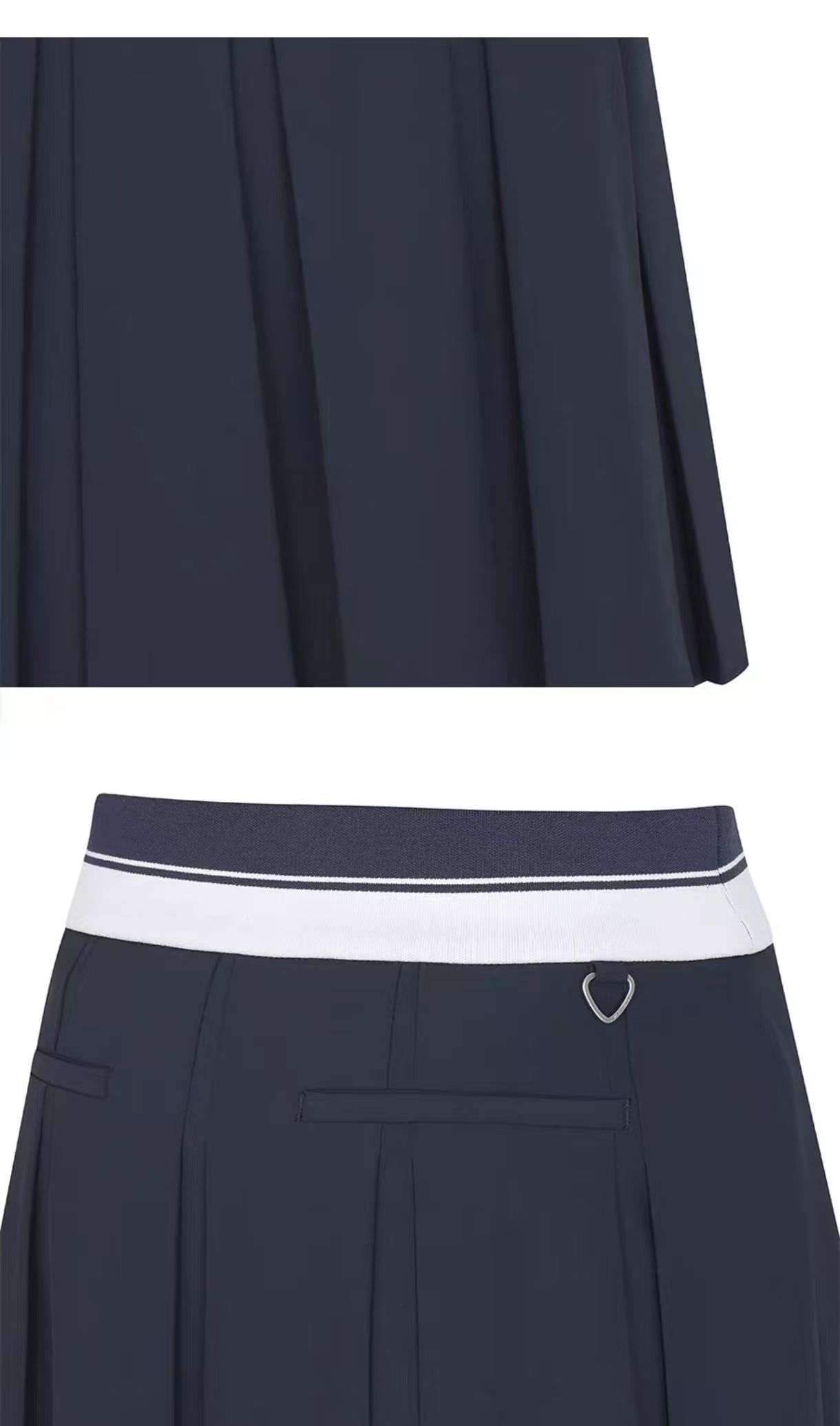 Malbon Studio Seoul Logo Banding Pleated Skirt Navy Blue pleated golf skirt detail view