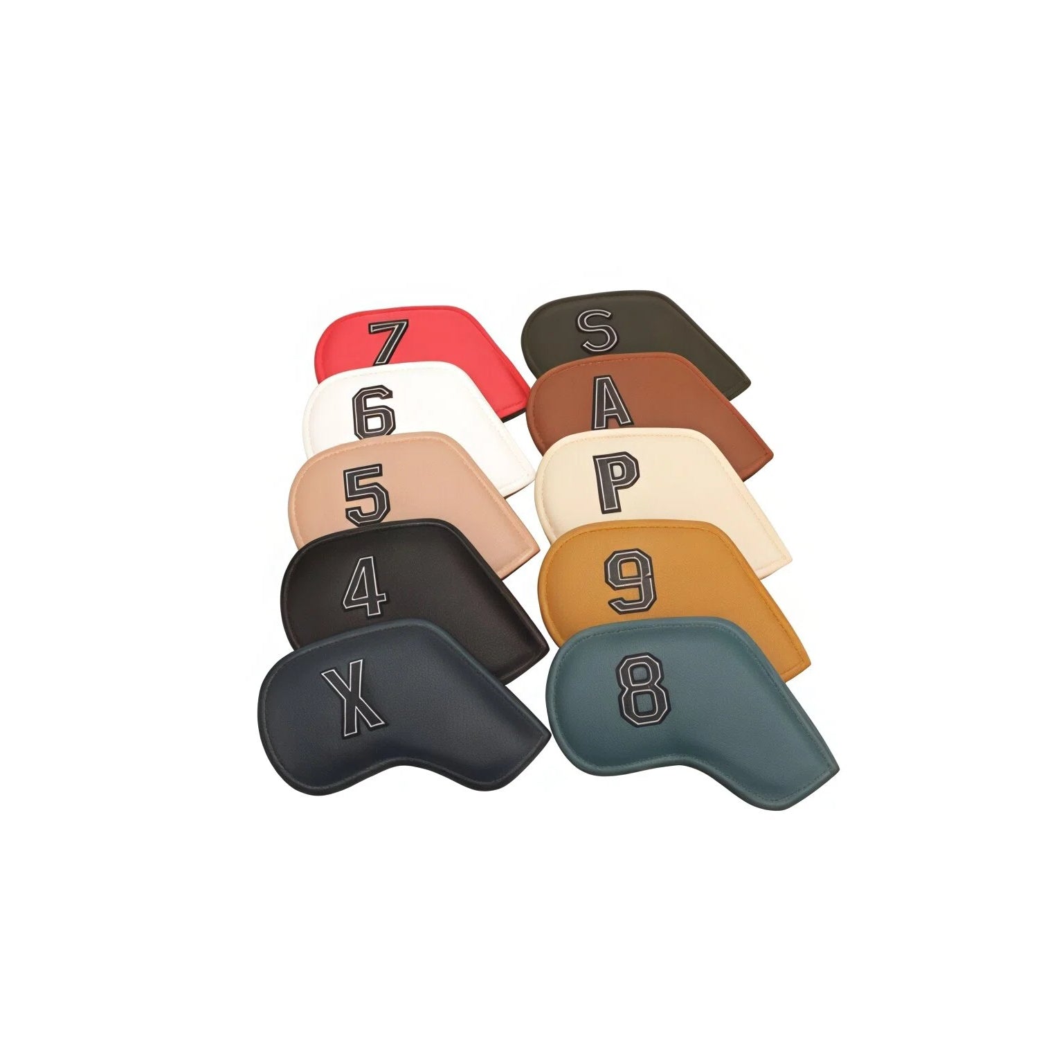 10pcs new PU golf iron covers set featuring bold embroidered numbers 4-9 and letters P, A, S, X in vibrant colors on durable PU leather, compatible with iron clubs for secure fit and stylish protection.