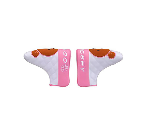 Pink and white Callaway Odyssey teddy bear putter cover – soft plush top with brown ears, quilted body, spiral logo and vertical “ODYSSEY” branding, ideal for women or junior golfers using long-blade putters