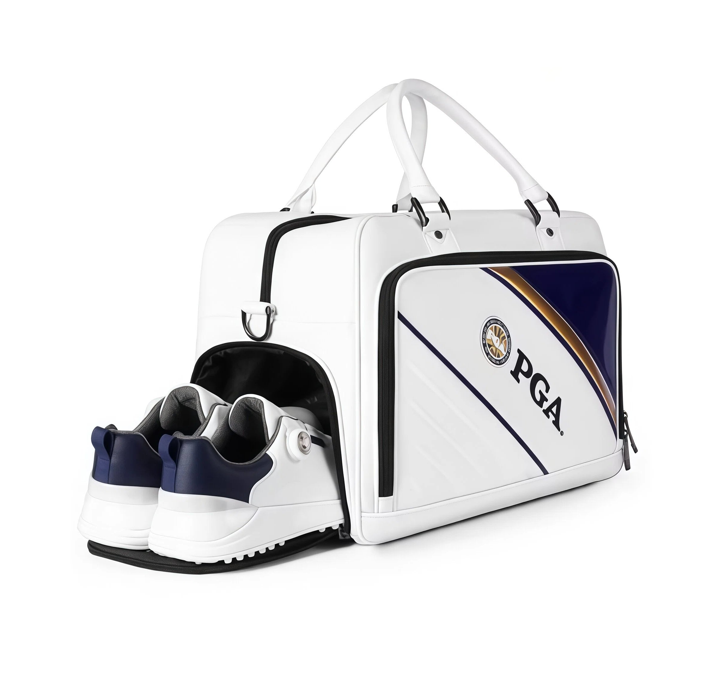 Side view of the white PGA 2026 Golf Duffel Bag with the independent shoe compartment open, revealing a pair of golf shoes. Designed to keep footwear separate from clothes.
