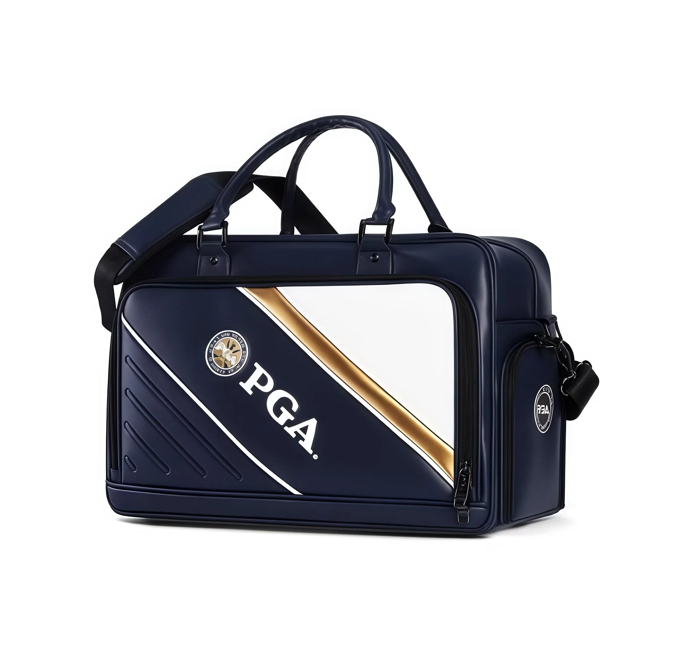 Front view of the PGA 2026 Golf Duffel Bag in navy blue featuring gold and white diagonal stripes, official PGA logo patch, and bold "PGA" branding. Designed for style and performance.