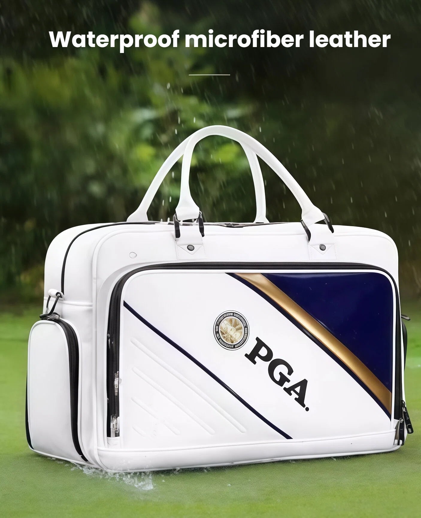 The white PGA 2026 Golf Duffel Bag being tested in rain, demonstrating its waterproof microfiber leather construction. Ideal for outdoor use in all weather conditions.