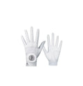 Detailed view of PGA women's golf gloves showing the genuine leather palm with reinforced stitching and the breathable back-of-hand design, highlighting the adjustable velcro closure and comfortable fit.