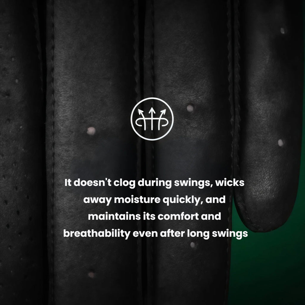 A macro shot of the PGM golf glove's material, highlighting its breathable properties. The fabric wicks away moisture quickly and doesn't clog during swings, maintaining comfort and breathability throughout a long game.