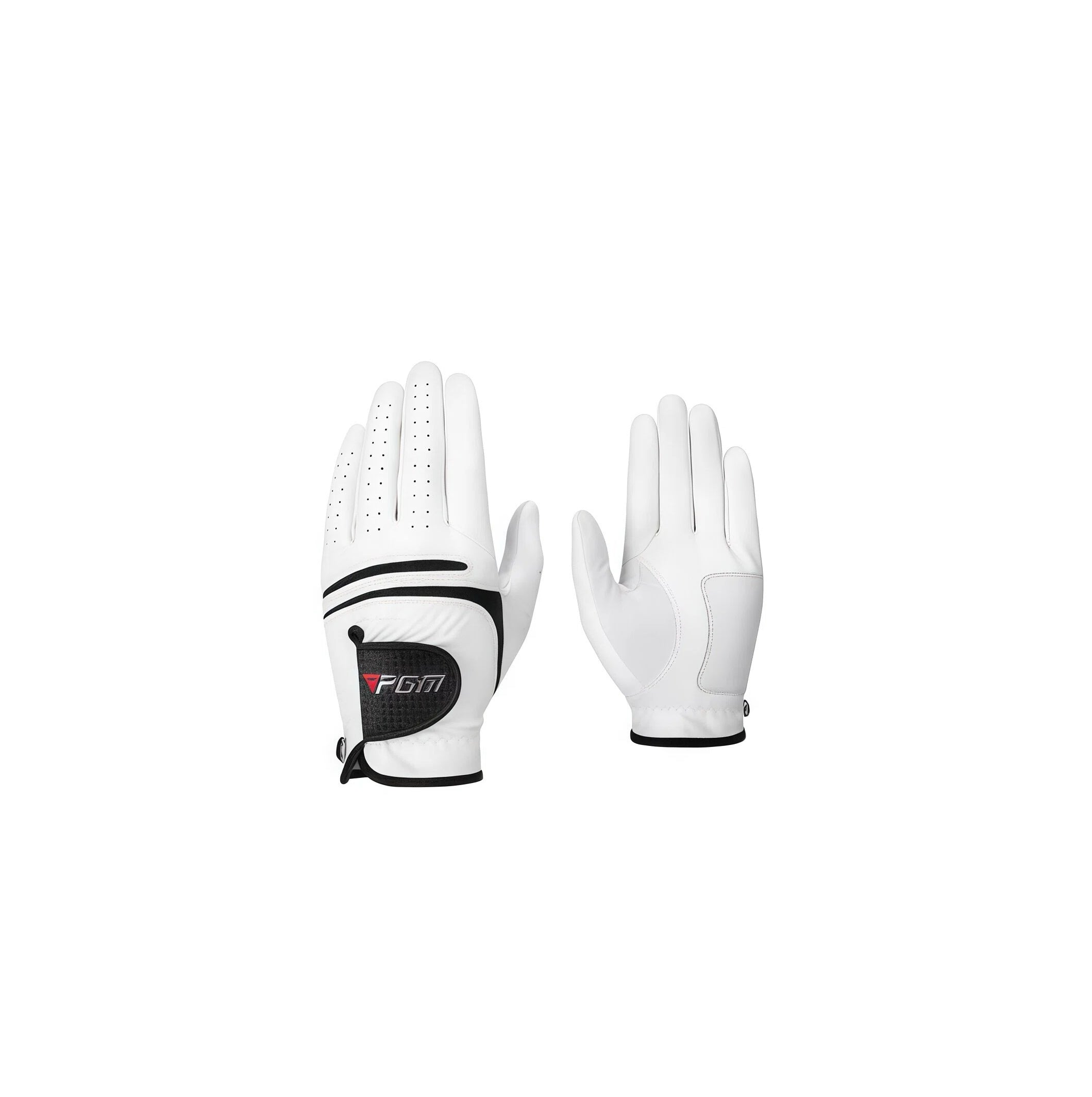 A pair of white PGM leather golf gloves, showing the back and palm views. These premium gloves feature black accents, a secure Velcro closure, and are available for both left and right hands.