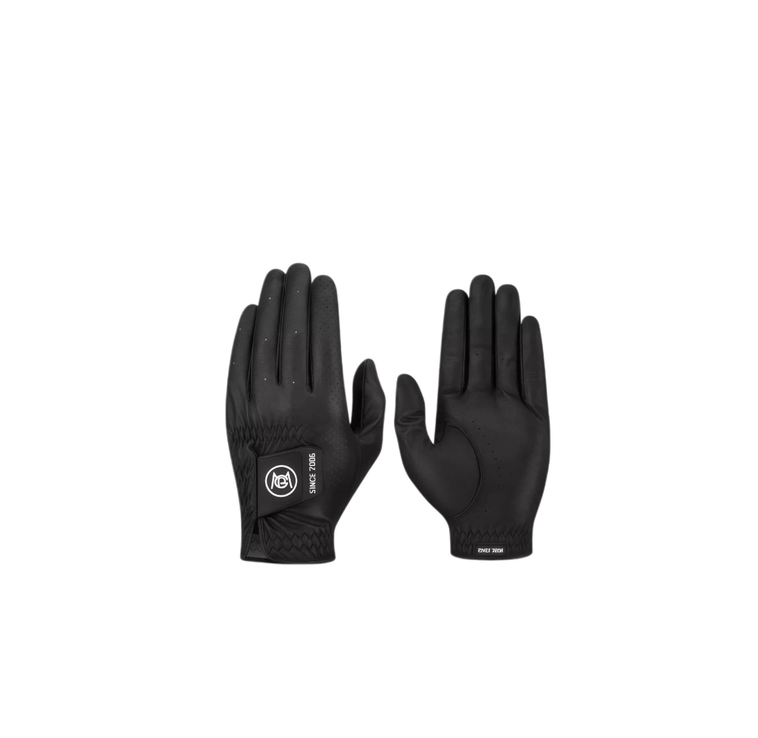 A pair of black PGM men's golf gloves. The image displays the front and back, showcasing the sleek design, the "SINCE 2006" logo on the adjustable strap, and the textured nano fabric for a secure, anti-slip grip.