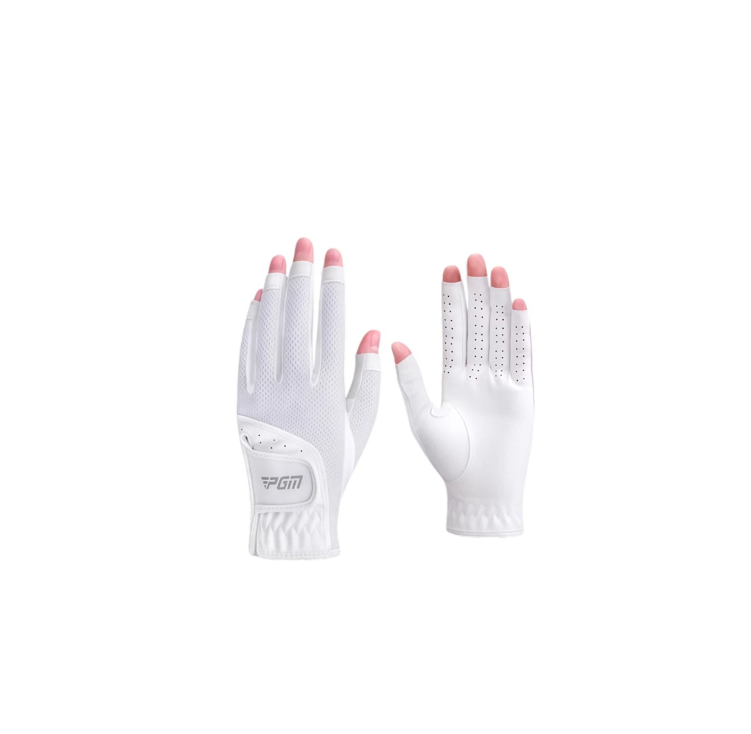 A pair of all-white PGM women's fingerless golf gloves. This summer style features a lightweight, breathable mesh design for maximum comfort and ventilation on the course.
