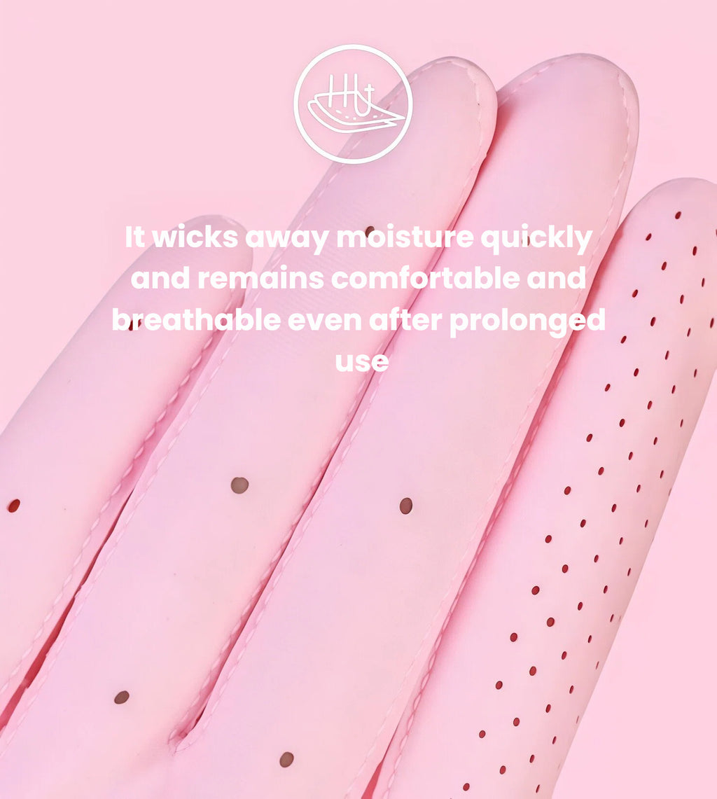 Detail of the pink PGM golf glove, showing the perforated fabric on the fingers. This design quickly wicks away moisture, keeping the hand comfortable and breathable even after prolonged use.