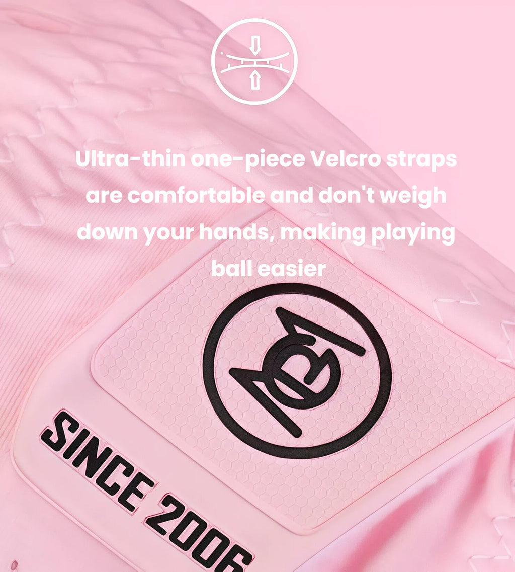 A close-up of the PGM women's golf glove's adjustable strap. The ultra-thin one-piece Velcro strap is comfortable, doesn't weigh down the hand, and features the PGM logo and "SINCE 2006" text.