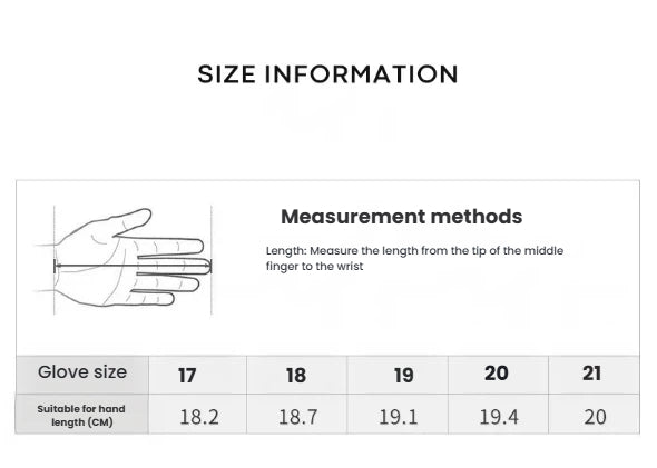 A size information chart for PGM women's golf gloves. It provides a visual guide on how to measure hand length from the middle fingertip to the wrist and a table correlating glove sizes (17-21) with hand length in centimeters.